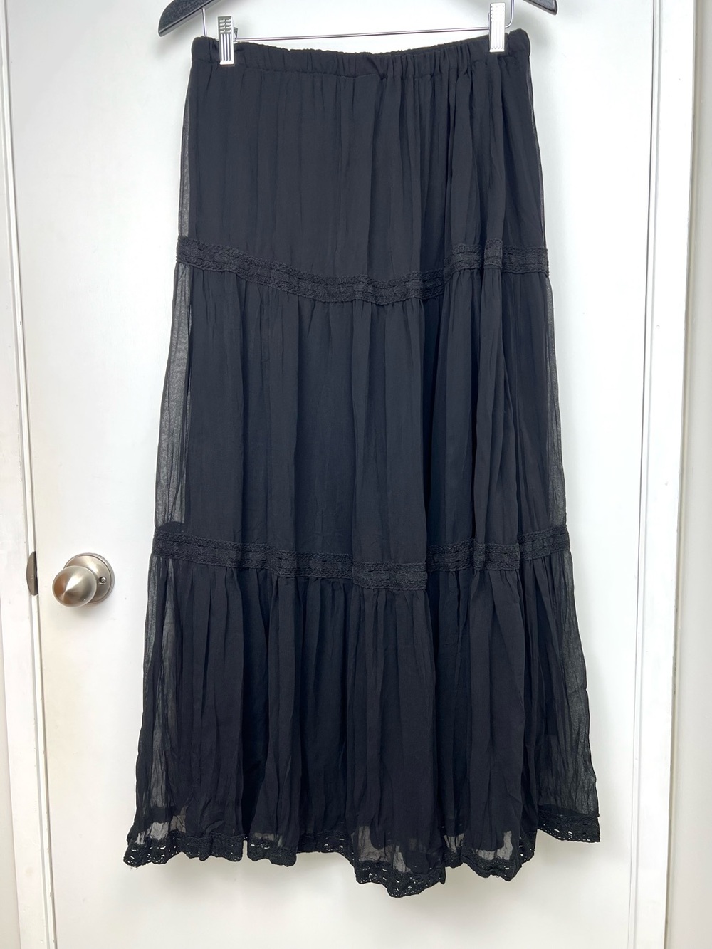 Vintage MXM Pleated Flowy Crochet Trim Maxi Skirt XL Black Witchycore Bohemian